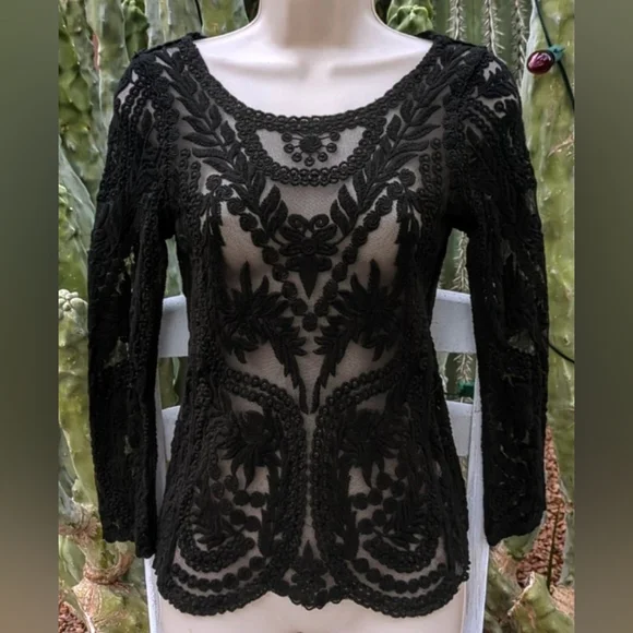 Vintage Y2K Express Black Lace Over Mesh Top - Picture 1 of 5